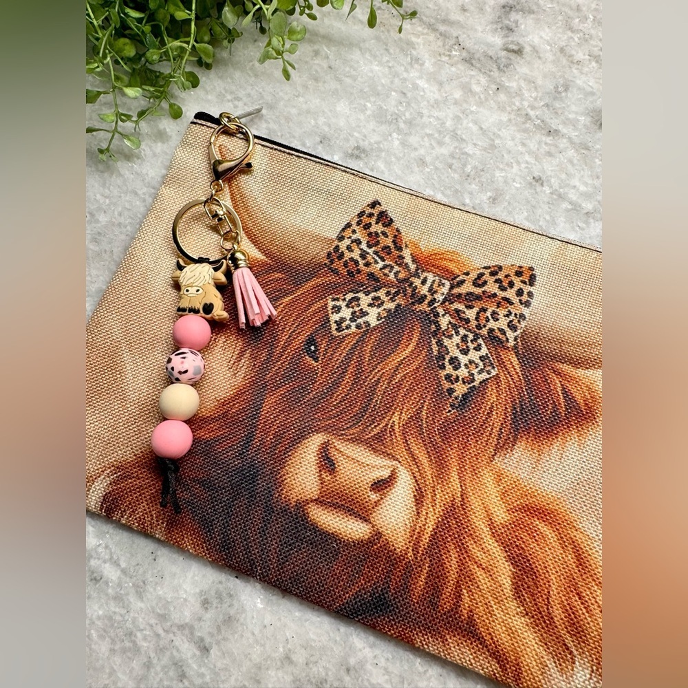 New Highland Cow w/ Leopard Bow Makeup Tech Pencil Bag w/ Pink Keychain - 10.5”
